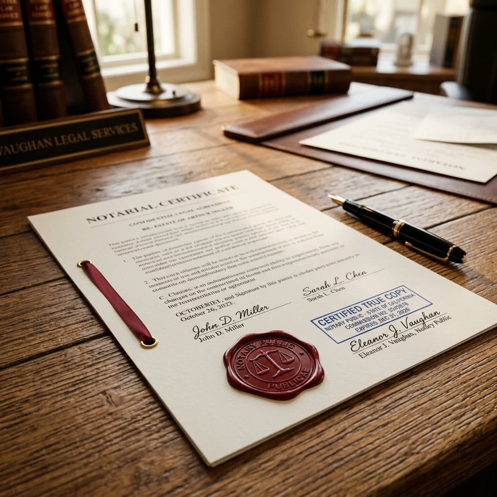 Document légal de certification avec sceau et tampon d'apostille sur un bureau en bois