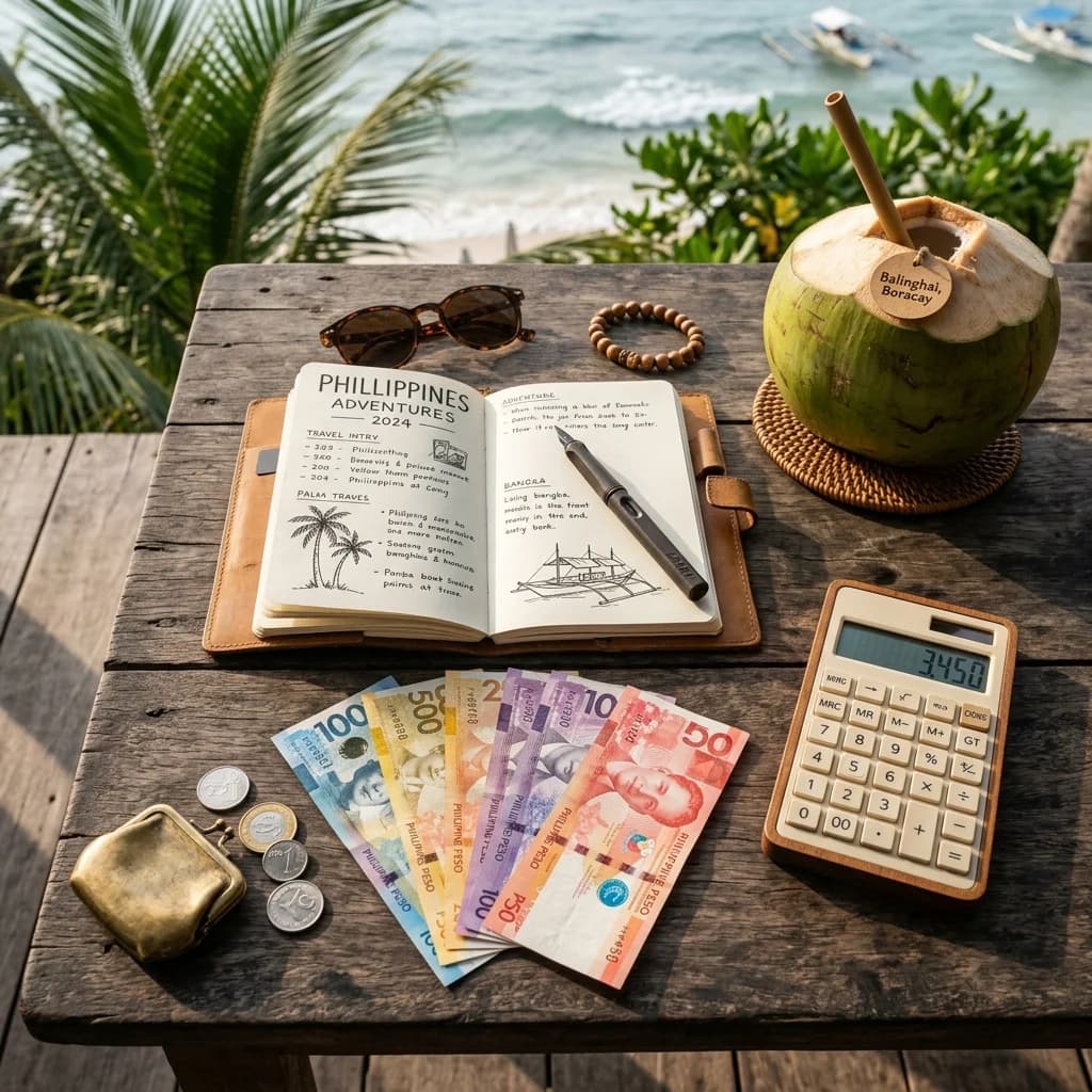 Billets de pesos philippins, calculette et carnet de notes