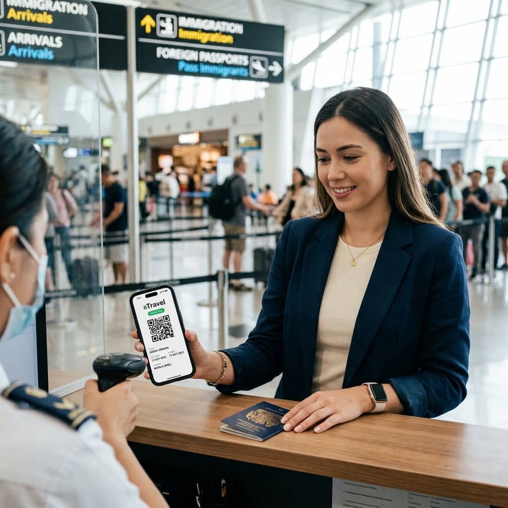 Voyageuse montrant le QR Code eTravel sur son smartphone au comptoir de l'immigration