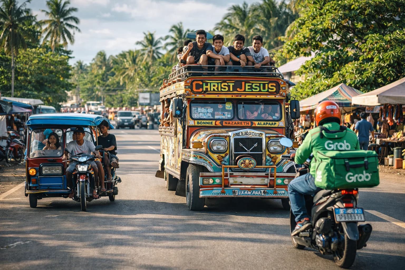 Transports locaux et habitants souriants aux Philippines, Jeepneys colorés